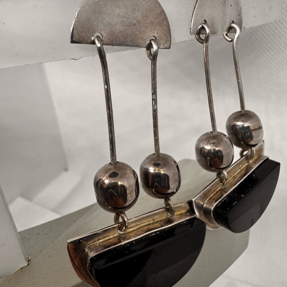 Vintage Taxco earrings sterling silver dangle pendulum onyx modernist - Picture 6 of 13